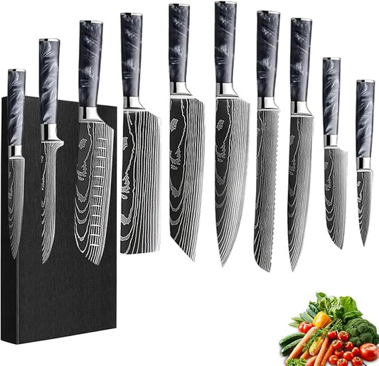 10-Piece Premium Japanese Kitchen Knife Set - Imperial Collection, Laser Damascus Pattern, 440A Stainless Steel Ultra Sharp for Fast Cutting (Black)