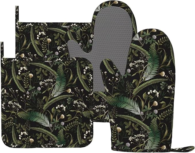 Mushrooms Oven Mitts and Pot Holders Sets Silicone Forest Plants Wild Berries Herbs Ferns Kitchen Oven Mitts Hot Pads Heat Resistant Potholders Kitchen Mitts Set for Baking BBQ Cooking