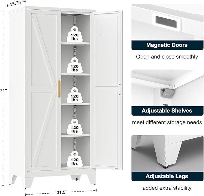 71" Tall Metal Storage Cabinet with 2 Doors and 4 Adjustable Shelves, 5-Tier Kitchen Pantry Storage Cabinet for Kitchen, Living Room, Dining Room and Office, White