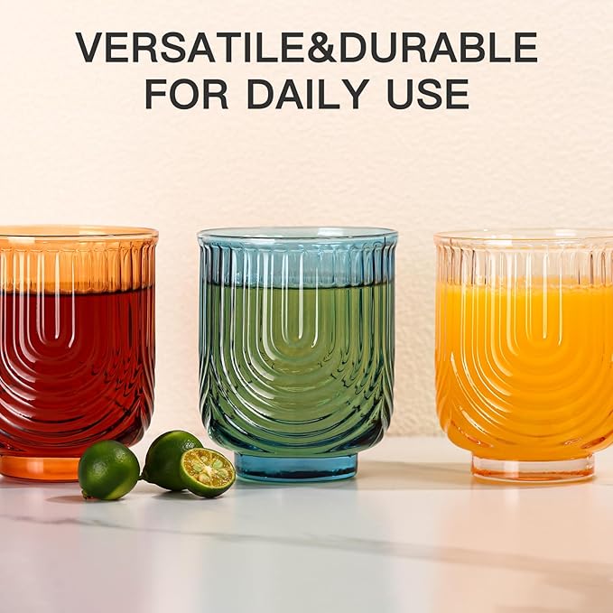JOVGANK Colored Vintage Drinking Glasses Set of 6-14Oz Colorful Drinking Glasses, Art Deco Ripple Highball Glass, Whiskey Cocktail Glasses, for Bar Coffee Juice, Housewarming and Mother's Day Gift