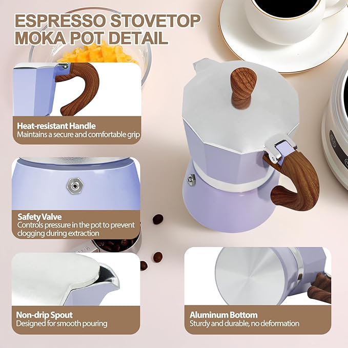 Aluminum 6 Cup 300ml Moka Pot Express Coffee Maker Stovetop Espresso Colorful Coffeemaker Italian Classic Style Brewing Greca Cafe Mocha Machine for Cafeteras Lover Camping Travel and Home Use 10oz