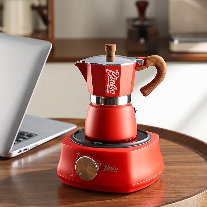 Bincoo Espresso Maker Stovetop, Moka Pot 3 Cups, Espresso Pot Classic Italian Coffee Maker,Single Safety Valve (Red, 3 Cup)