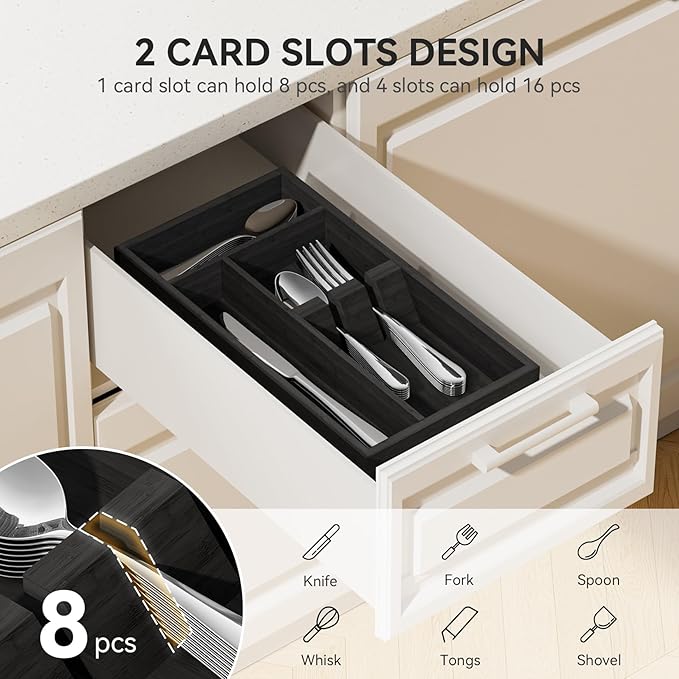 Yofidra Bamboo Silverware Organizer, 12.6 x 6.97 x 1.96 Inches Kitchen Utensil Drawer Organizer, Silverware Tray for Drawer with Fixed Slots for Spoons, Forks & Knives, Natural (Black)