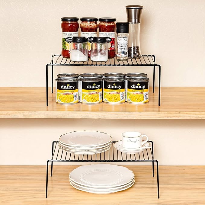 Kitchen Cabinet Organizer Shelf Rack Set of 2, Medium (13 x 9.4 inch) Metal Freezer Organizer Wire Shelves, Plate Dish Storage Rack for Cabinets, Counter, Cupboard, Pantry Organization, Black