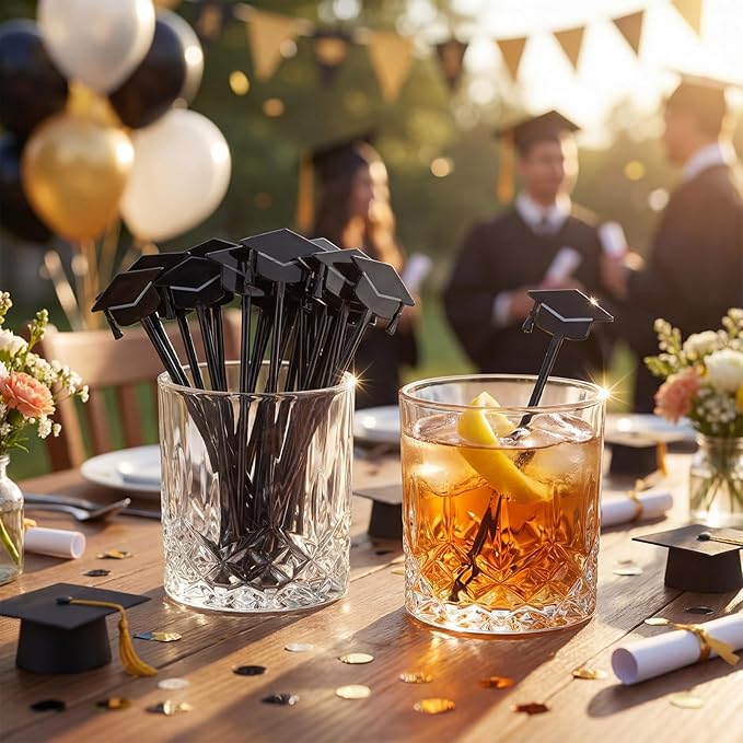 SiliFine 60 Pcs Graduation Cap Drink Stirrers Graduation Stir Sticks Coffee Stirrers Cocktail Mixers Plastic Swizzle Sticks Hot Cocoa Bar Supplies for Party Bar Coffee Tea Favors (Black)