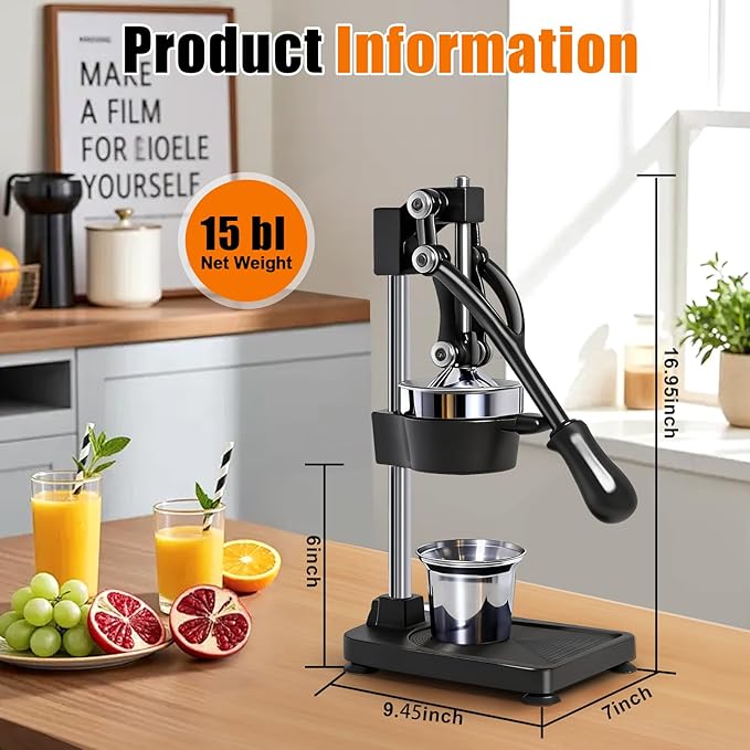 Manual Cast Iron Citrus Juicer,Commercial Hand Press,Heavy Duty Countertop Squeezer for Fresh Orange Lemon Juice,Stable When Pressed,Easy to Use & Clean (black)