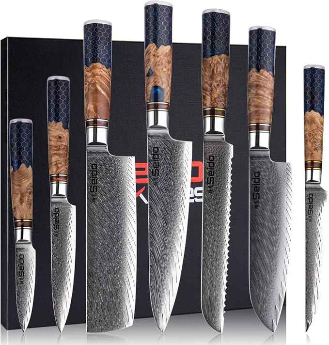 Seido Knives Hanikamu VG10 Damascus Chef Knife Set - Handcrafted Honeycomb Epoxy Resin with Stabilized Wooden Handles - Durable and Corrosion Resistant