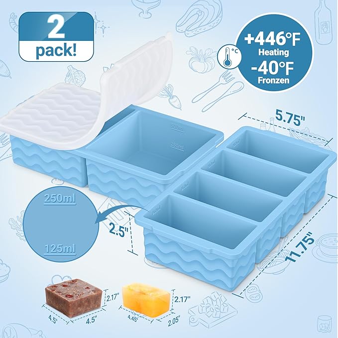 Silicone Freezer Molds for Soup with Lid, 1-Cup & 2-Cup Large Ice Cube Trays Food Storage Containers for Meal Prep, Freeze 500mL/250mL/125mL Portions – 2 Pack