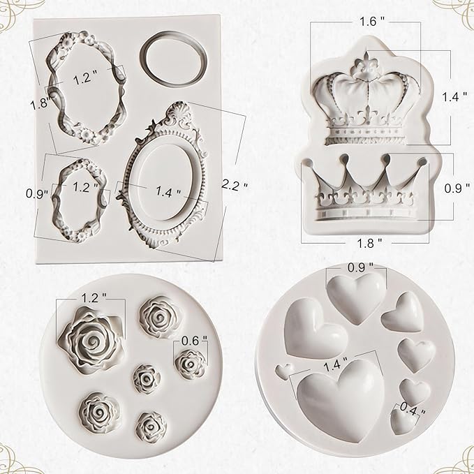 JOERSH 4PCS Vintage Baroque Mold Set, Silicone Frame Fondant Molds Royal Crown Rose Heart Mold for Cupcake Decorating, Cake Pop, Chocolate, Candy Craft, Dessert Decor