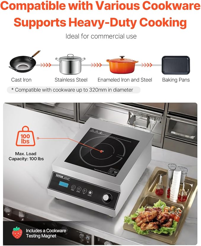 VEVOR Portable Commercial Cooktop, 5000W Induction Burner with 16 Temp Settings, Stainless Steel Countertop Induction Hot Plate with 4H Timer, Child Lock