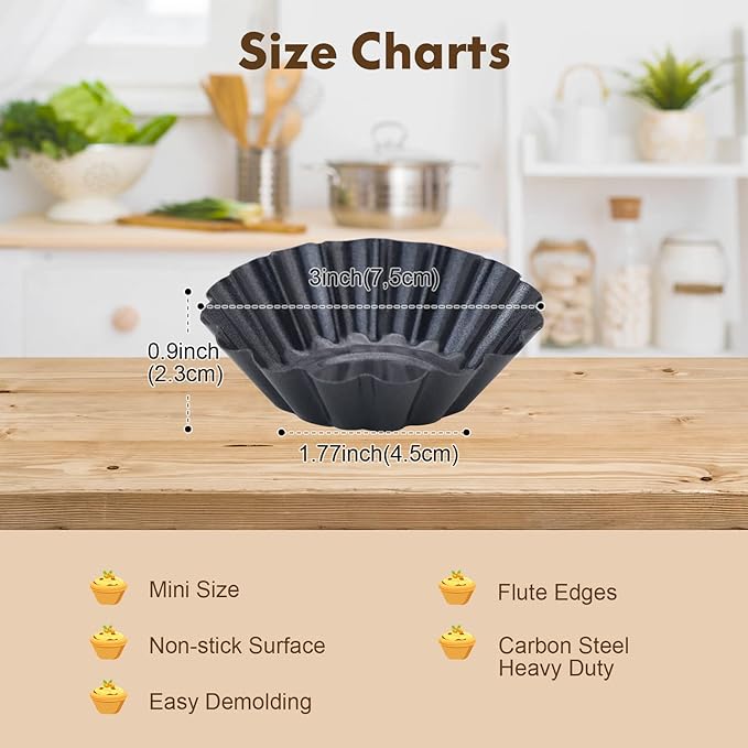 RICHSC-PAN Egg Tart Molds, 12 PCS Non-Stick Very Mini Tart Pans, Mini Tart Mold 3 InchTop, 1.7 Inch Bottom, 0.9Inch High, Carbon Steel, Kitchen Reusable Baking Tools.