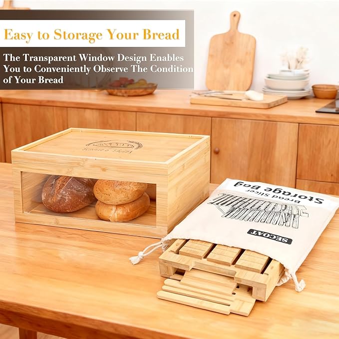 3-in-1 Bread Slicer set for Homemade Bread with Storage Box and Bread Serving Tray for Homemade Bread - Upgrade Bamboo Wooden Bread Slicer Kit - Adjustable Width, Crumb Tray, Cloth Bags