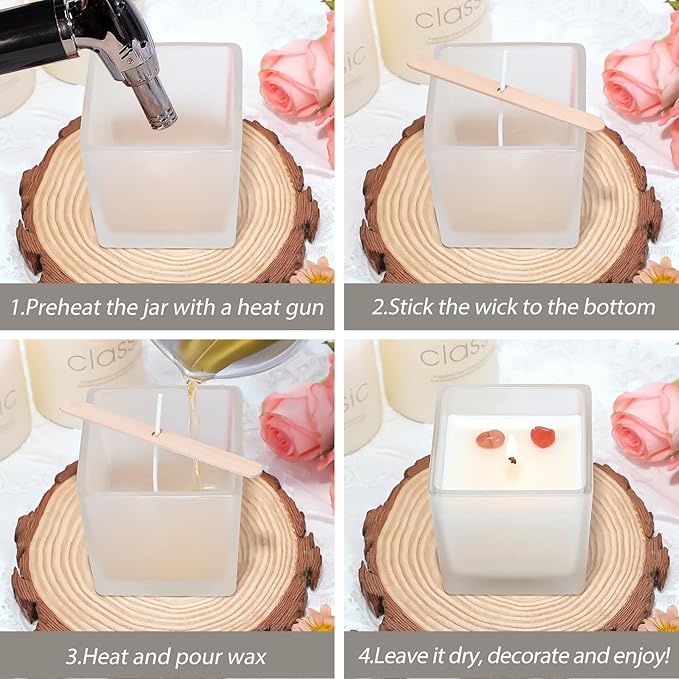 CONNOO 12 Pack 9oz, 3oz Frosted Square Candle Jars for Making Candles, Thick Glass Bulk Empty Candle Containers with Airtight Bamboo Lids for Candle Making, Sticky Warning Labels - Dishwasher Safe