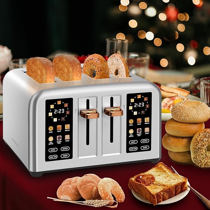 SEEDEEM Toaster 4 Slice, Stainless Steel, Touch Screen for Dual Control, Digital Timer, Smart Toaster with 6 Bread Type, 7 Shade Setting, 1.5''Wide Slot, Removable Crumb Tray, 1800W, Silver Metallic