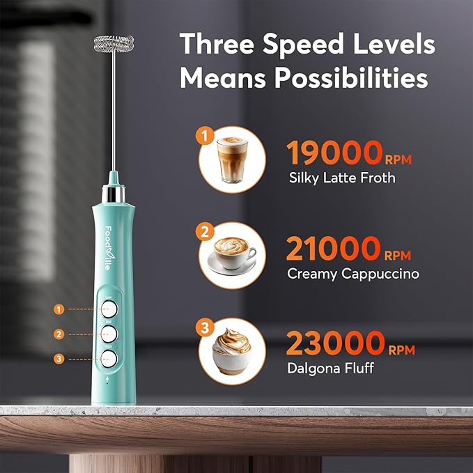 FoodVille MF02 Rechargeable Milk Frother Handheld Foam Maker with Stainless Whisk for Cappuccino, Latte, Bulletproof Coffee, Keto Diet, Protein Powder, Matcha (Turquoise Green)