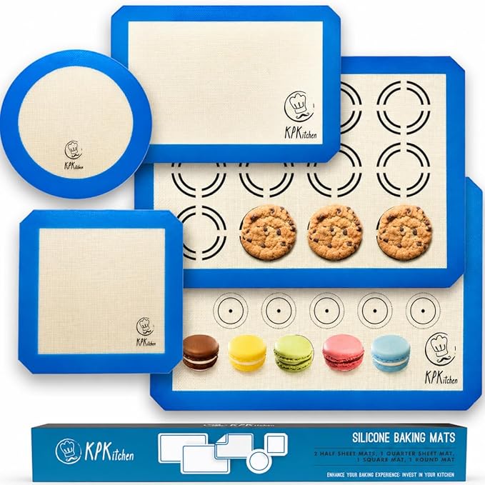 Silicone Baking Mat Set of 5-2 Half Sheets (Macaron & Cookie Circle On Mat) + 1 Quarter + 1 Round & 1 Square Size Silicone Baking Sheet - Nonstick & Easy to Clean - 100% Silicone Mats for Baking