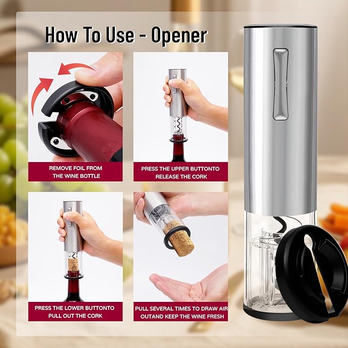Electric Wine Opener Set - Automatic Rechargeable Corkscrew for Wine Bottles with Foil Cutter, Wine Aerator & Vacuum Stopper