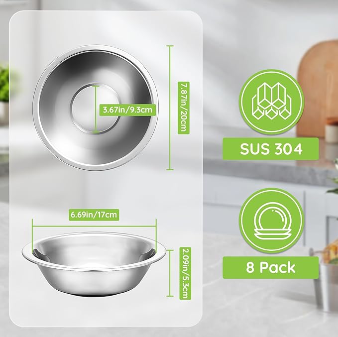 304(18/8) Stainless Steel Mixing Bowls for Kitchen, 8 Pack 7.8" 28.89 fl.oz Metal Mixing Bowls Set Stackable for Baking Serving Cooking Food Prep Storage Dishwasher Safe Lightweight