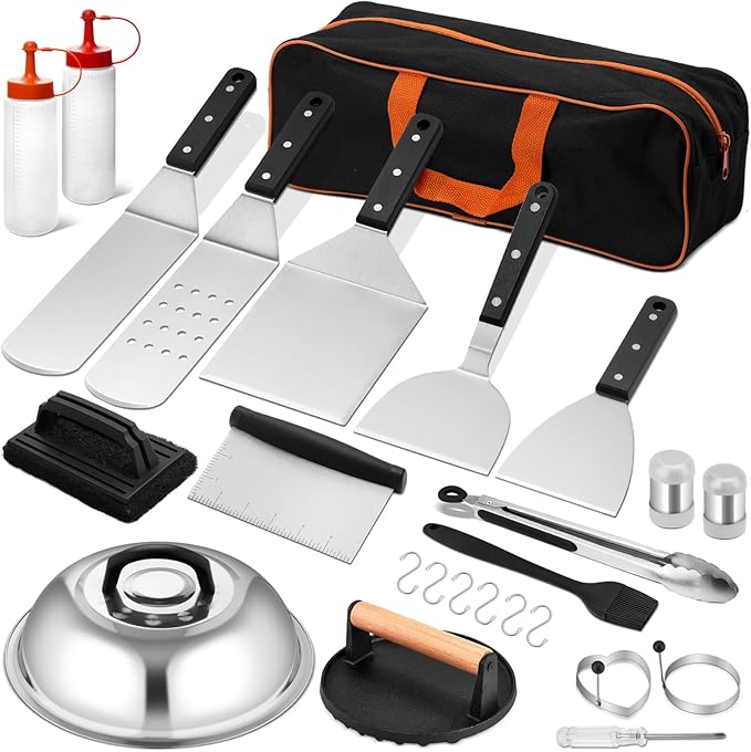 25Pcs Griddle Accessories Kit, Leonyo Flat Top Grill Accessories, Commercial Grilling Tools with Enlarged Spatulas, Basting Cover, Metal Scraper, Smash Burger Press for Outdoor Barbecue, ABS Handle