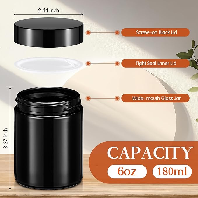 Domensi 36 Pcs Bulk 6oz Glass Jars with Lids Leakproof Round Airtight Empty Cosmetic Jars with Inner Liners Lid for Storing Lotions Spices Ointments Food Storage (Black)
