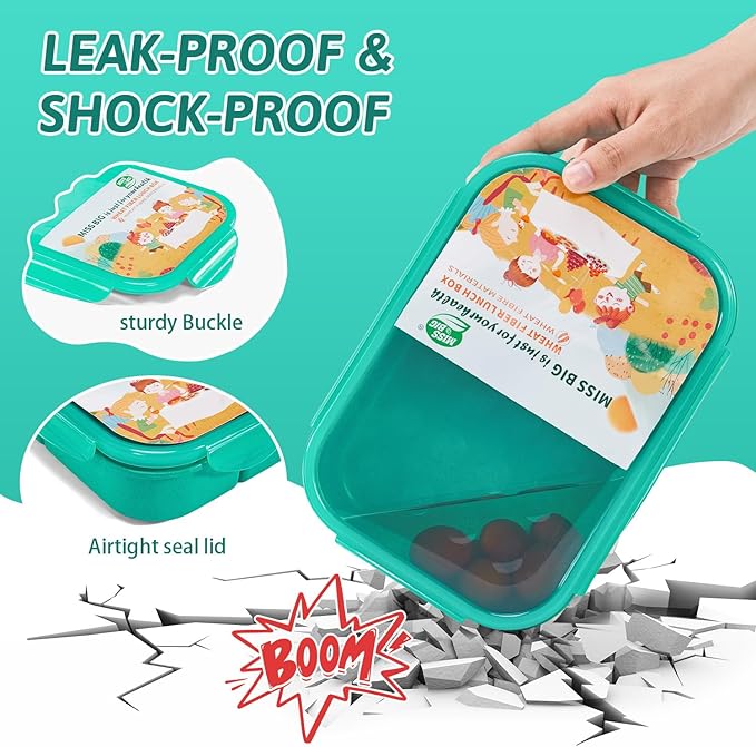 MISS BIG Bento Box for Kids, Leakproof Lunch Box, No BPAs & Chemical Dyes, M/W, D/W & Fridge Safe (1150ml Green)