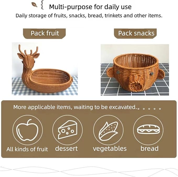 hand-woven round rattan basket storage basket storage box ornaments decorative basket multifunctional picnic food bread basket fruit gift basket key basket. (elephant)