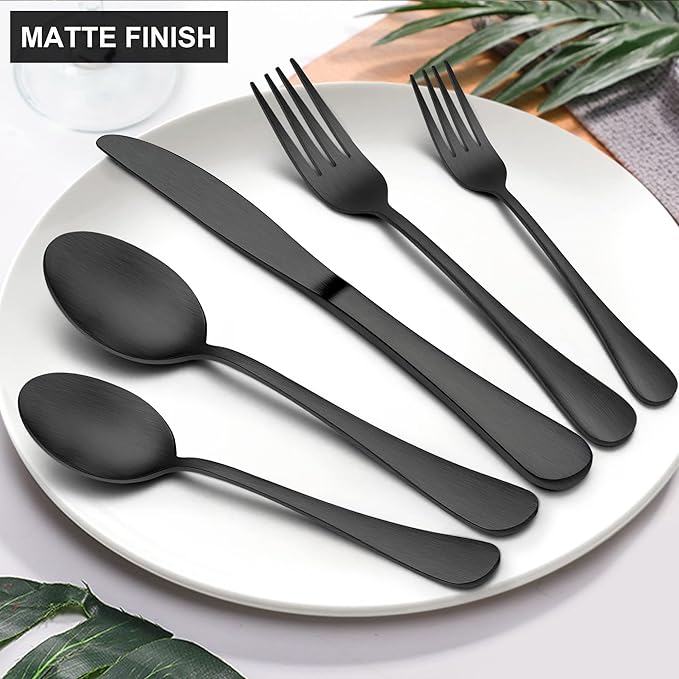 LIANYU 30 Piece Matte Black Silverware Set, Satin Finish Black Flatware Cutlery Set for 6, Stainless Steel Kitchen Utensil Tableware for Home Restaurant Party, Dishwasher Safe