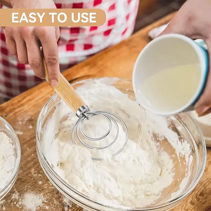 Danish Dough Whisk Dutch Bread Mixer Stainless Steel Hook Wooden Handle Baking Tools for Sourdough Pizza Pastry Cake Batter Making