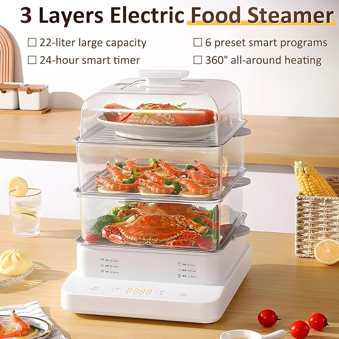 22L/23QT Electric Food Steamer, 3 Layers Food Steamer, 800W Commercial Stainless Steel Steamer, Large Capacity Breakfast Machine with Timer, for Home, Restaurant, Party