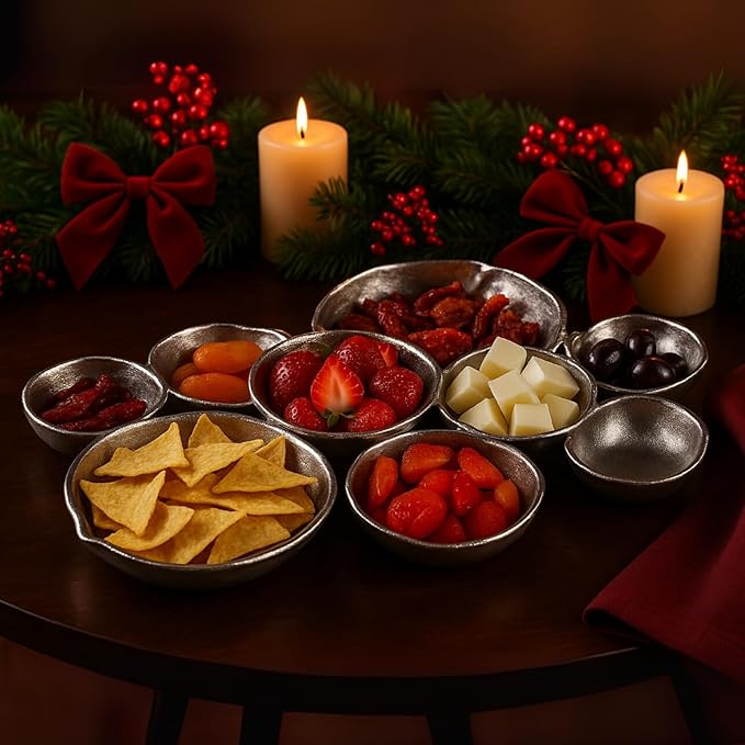 9 Cluster Decorative Bowls Bright Silver Snack Tray Bowl Chip & Dip Serving Piece Strong Brass Centerpiece Beautiful Room Accent & Entertaining Parties Home Decor Wedding Gifts 22 Inch Decorative Gift
