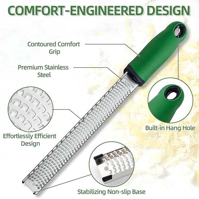 Koythin Zester, Lemon Zester & Cheese Grater with Brush, Heavy Duty Kitchen Tool for Zesting Citrus, Parmesan Cheese, Chocolate, Ginger, Fruits, Stainless Steel with Handle and Cover (Green)