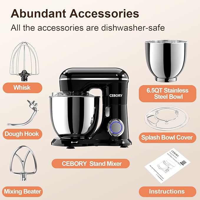 CEBORY 3-IN-1 Electric Stand Mixer, 6.5QT Bowl 660W 10-Speed Kitchen Mixer, Household Food Mixers include Dough Hook, Beater and Whisk, Bread Cake Mixer for Baking and Most Home Cooks, Black