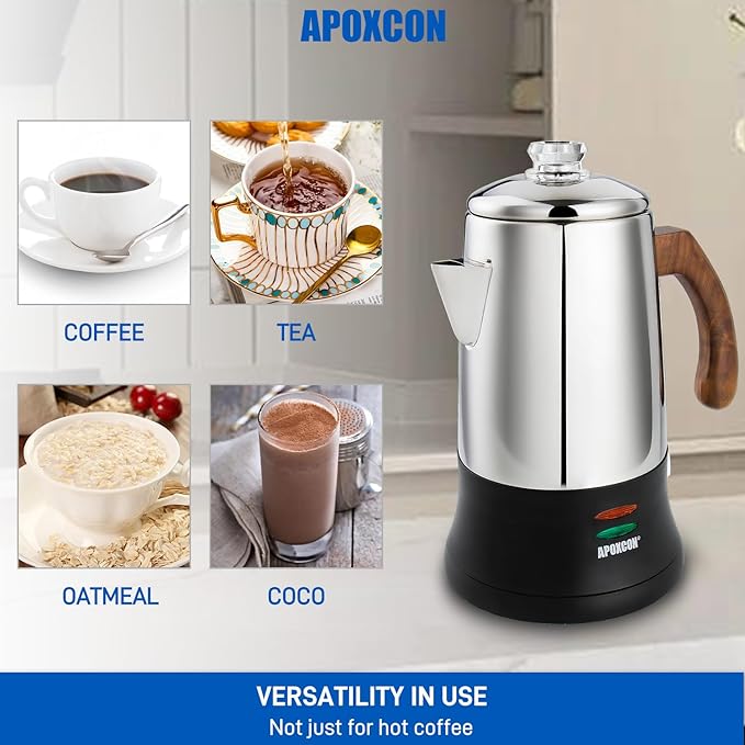 APOXCON Electric Coffee Percolator Stainless Steel Coffee Maker with Tough Glass Clear Brew Progress Knob & On/OFF Switch Keep Warm Cordless Serve for Home and Hotel Room Use Gift Box Packaging 6 Cup