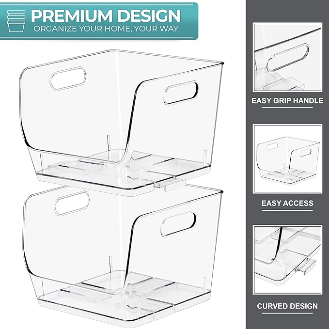 Sorbus Stackable Storage Bins Open Front, Clear Stackable Storage Bins, Pantry Bins for Storage and Organization, Acrylic Stackable Bins for Kitchen, Clear Pantry Organizer Bins (Medium Sqware 6 Pack)