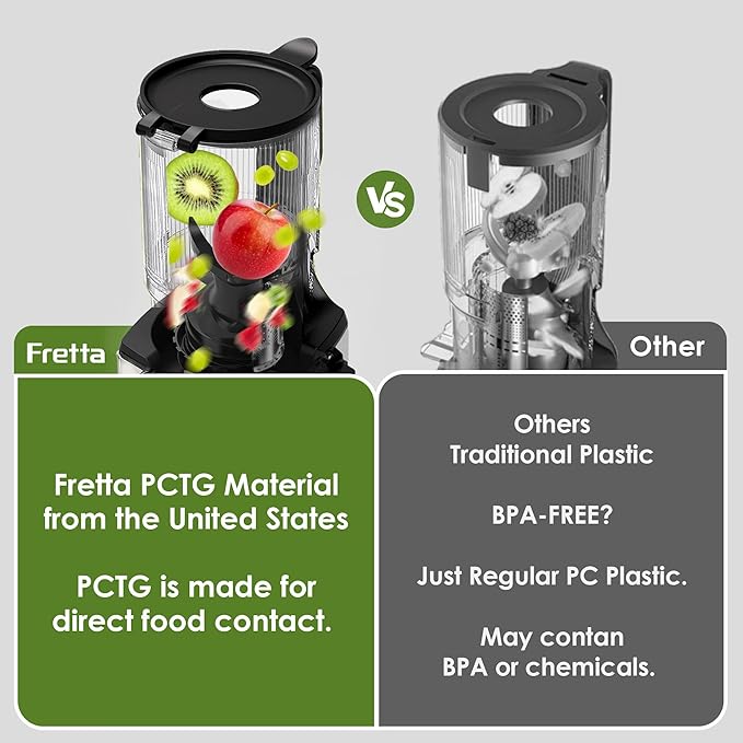 Juicer Machines,Fretta Compact Cold Press Juicer with PCTG Material from US,Fit Whole Fruits & Vegetables,BPA-Free, Easy to Clean (Pure Black, 1.0 L)
