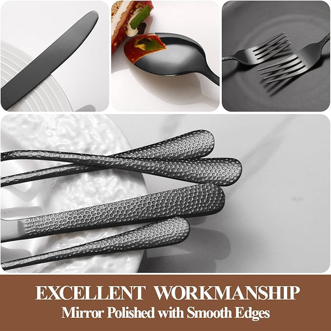 20 Pcs Black Silverware Set for 4 with Hammered Design, Food Grade Stainless Steel Flatware Set, Eating Utensils Sets Include Fork/Knife/Spoon, Cutlery Set, Dishwasher Safe