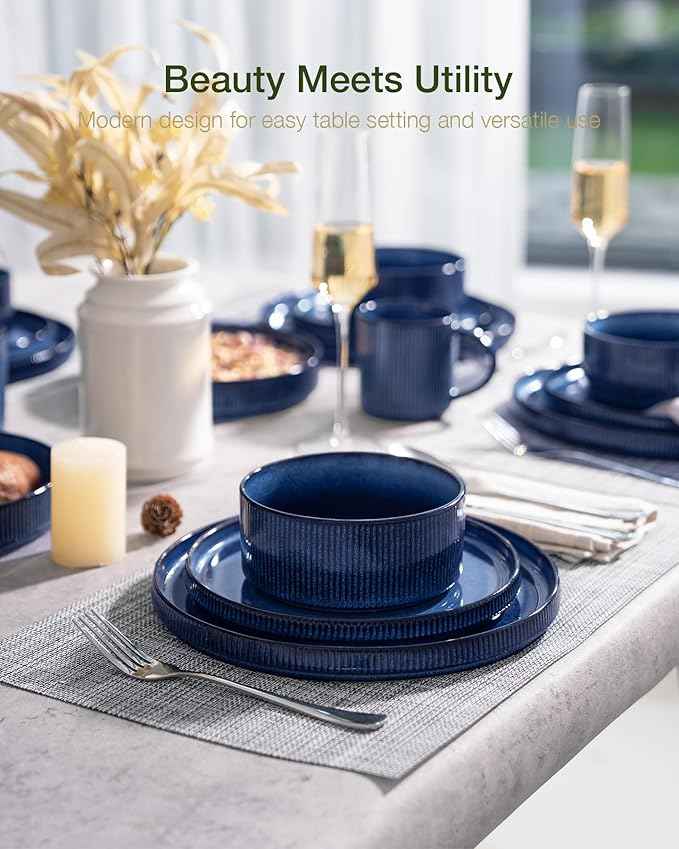 Famiware Star Dinnerware Set with Pasta Bowls, Service for 6 (24 Pieces), Ribbed Stoneware Plates and Double Bowls Sets - Chip & Scratch Resistant, Microwave & Dishwasher Safe Dishes, Nebulas Blue