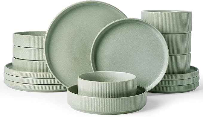 Famiware Star Stoneware Dinnerware Sets for 4 (16pcs), Chip Resistant, Microwave and Dishwasher Safe Complete Dishes, Pasta Bowl, Cereal Bowl, Dinner Plate, Salad Plate, Ribbed, Matte Sage Green
