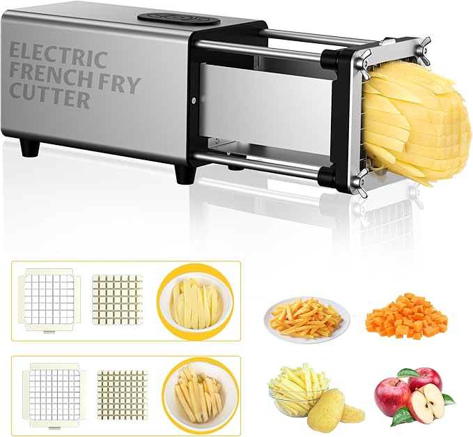 YOTAN Electric French Fry Cutter,French Fry Cutter Stainless Steel with 1/2 & 3/8 Inch Blade,Commercial and Household Electric Fry Cutter,Potato Slicer,Use for Potatoes,Onion,Cucumbers,Apples