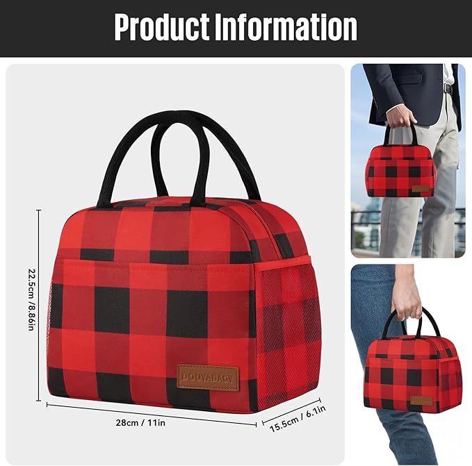 douyadady Lunch Bag Women/Men Lunch Box Women/Men (Red+Black Blocks)
