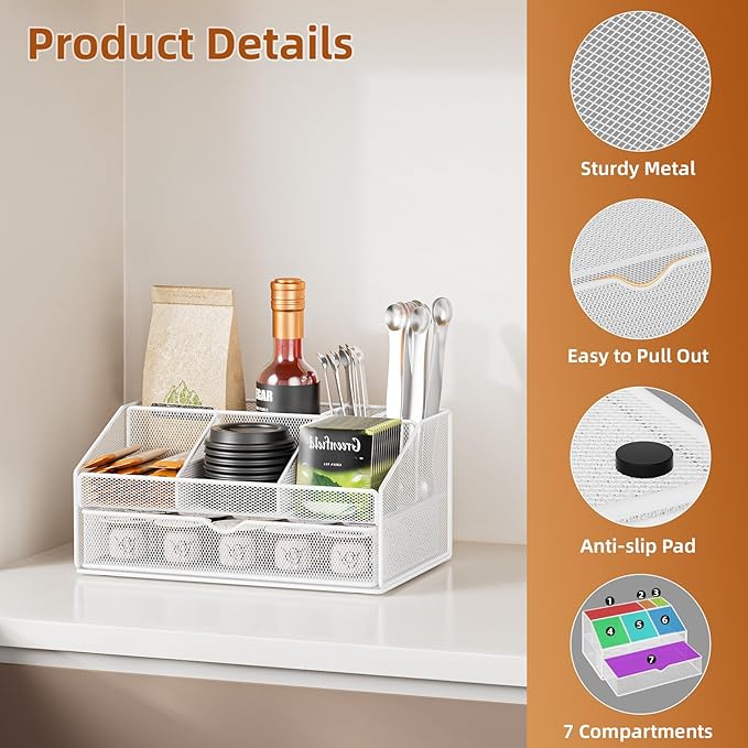 VITVITI Coffee Station Organizer for Countertop, Metal Coffee Bar Organizer Basket with Drawer, 6 Compartments Bar Station Holder for Pods Tea Bag, White