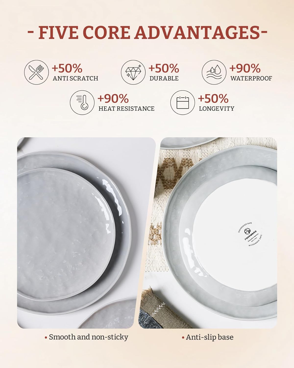 Famiware Porcelain kitchen plates and bowls set, Modern dishes set for 6, Handmade Wave Edge Dinnerware Sets, Microwave and Dishwasher Safe Tableware, Sleek Grey (24pc)
