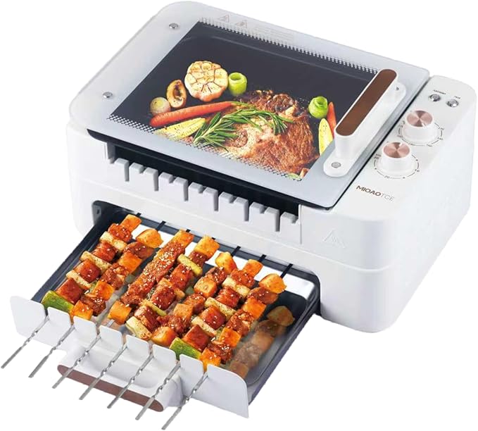 3-IN-1 Skewer Electric Indoor Grill - 1000W Electric Grill with 360° Auto-Rotating, Smokeless Indoor Grill with 3 Cooking Modes, Temperature Adjustable, Removable Tempered Glass Lid