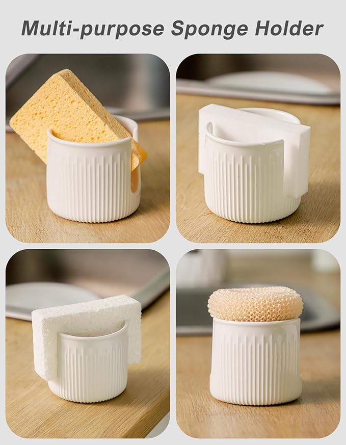 Ceramic Sponge Holder for Kitchen Sink, Scrub Sponge Dish Rack, Farmhouse Compact Sink Caddy Organizer, Classic White