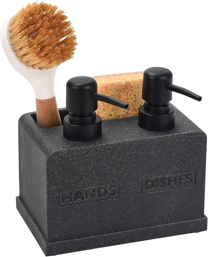 Kitchen Soap Dispenser Set,Hand and Dish Soap Dispenser,Sponge Caddy and Brush Holder 4-in-1 Kitchen Dual Soap Dispenser Set for Kitchen Sink,Bathroom -Black