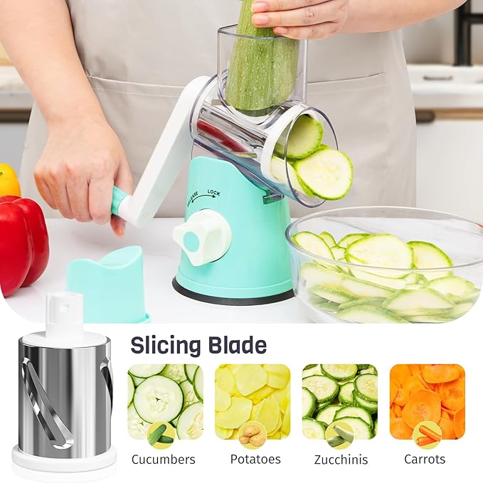 Rotary Cheese Grater Hand Crank, 3 Blades Slicer Shredder, Cheese Grater for Kitchen, Multi-Functional Kitchen Tool for Vegetables, Nuts, Chocolate, with Strong Suction Base, Blue