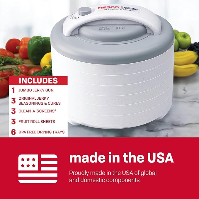Nesco FD-61WHCK Snackmaster Encore Food Dehydrator with Jerky Gun Kit for Great Snacks and Jerky, 6 Trays, Gray, 1 Count (Pack of 1),White