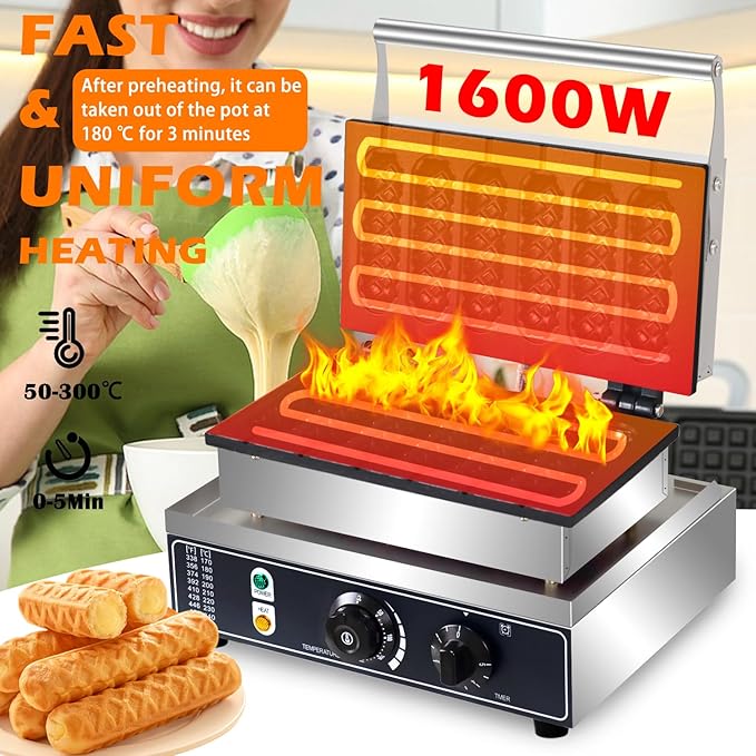 Commercial Corn Dog Waffle Maker,1600W Lolly Stick Waffle Maker,6 Slice Non-Stick,Stainless Steel Corn Hot Dog Waffle Iron with Temp and Time Control, for Restaurant Bakery Snack Bar Family.