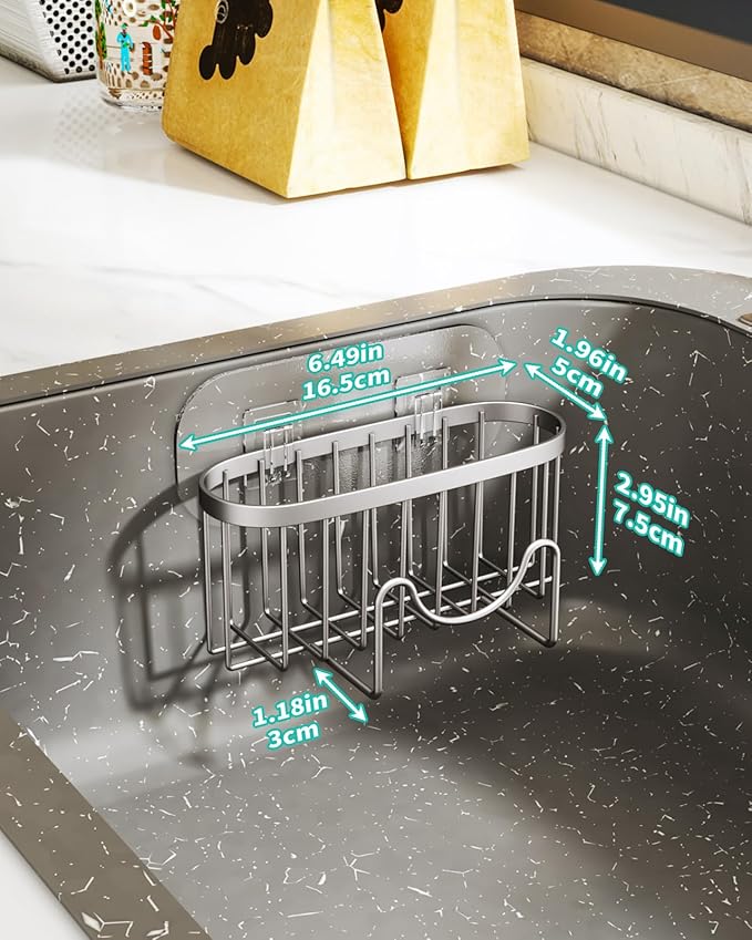 HapiRm Multifunctional Kitchen Sponge Holder with Unique M-Shaped, 2 Installation Ways Sink Caddy, Stainless Steel Kitchen Organizer for Sponge, Brush, Sink Stopper and Scraper -Brushed Nickel