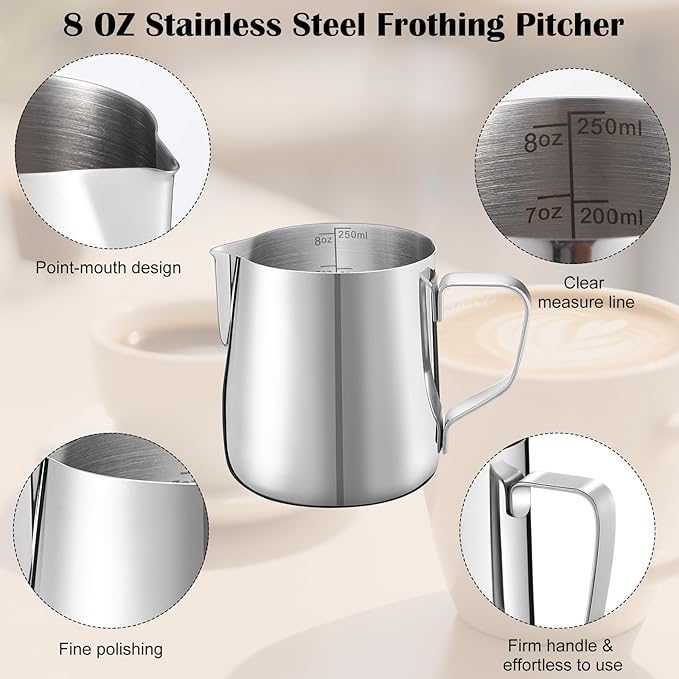 Honeydak 12 Pcs Milk Frothing Pitcher 304 Stainless Steel Steaming Pitchers for Coffee Bar Cappuccino Barista Tools Milk Jug Steamer Frother Cup (8 oz)